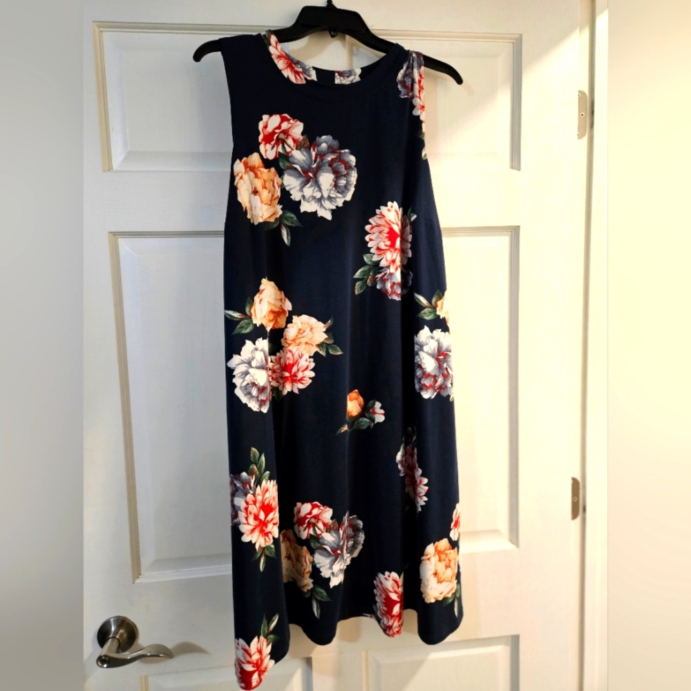 Floral Sleeveless Dress - Navy and Multicolor